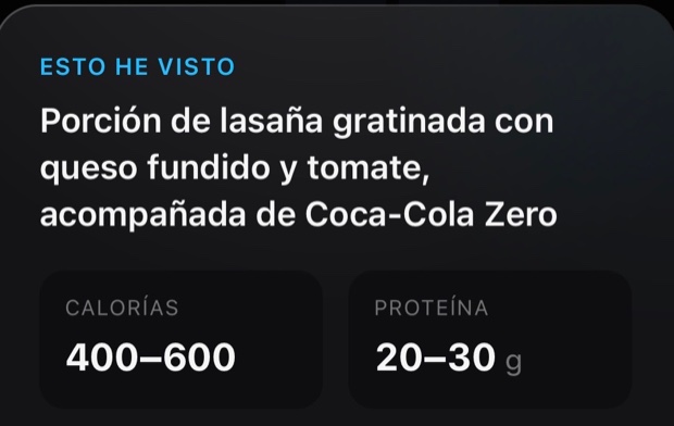 Lo que devuelve OLIMPO: porción de lasaña gratinada, entre 400 y 600 calorías y entre 20 y 30 gramos de proteína