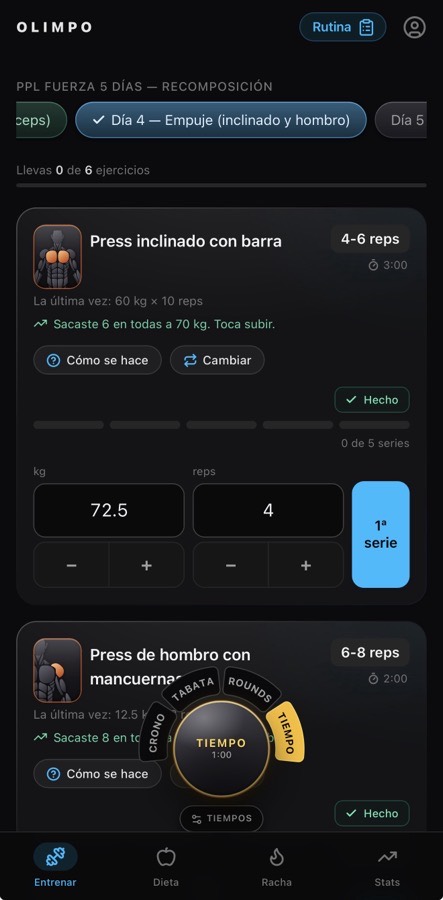 Pantalla de entrenamiento de OLIMPO