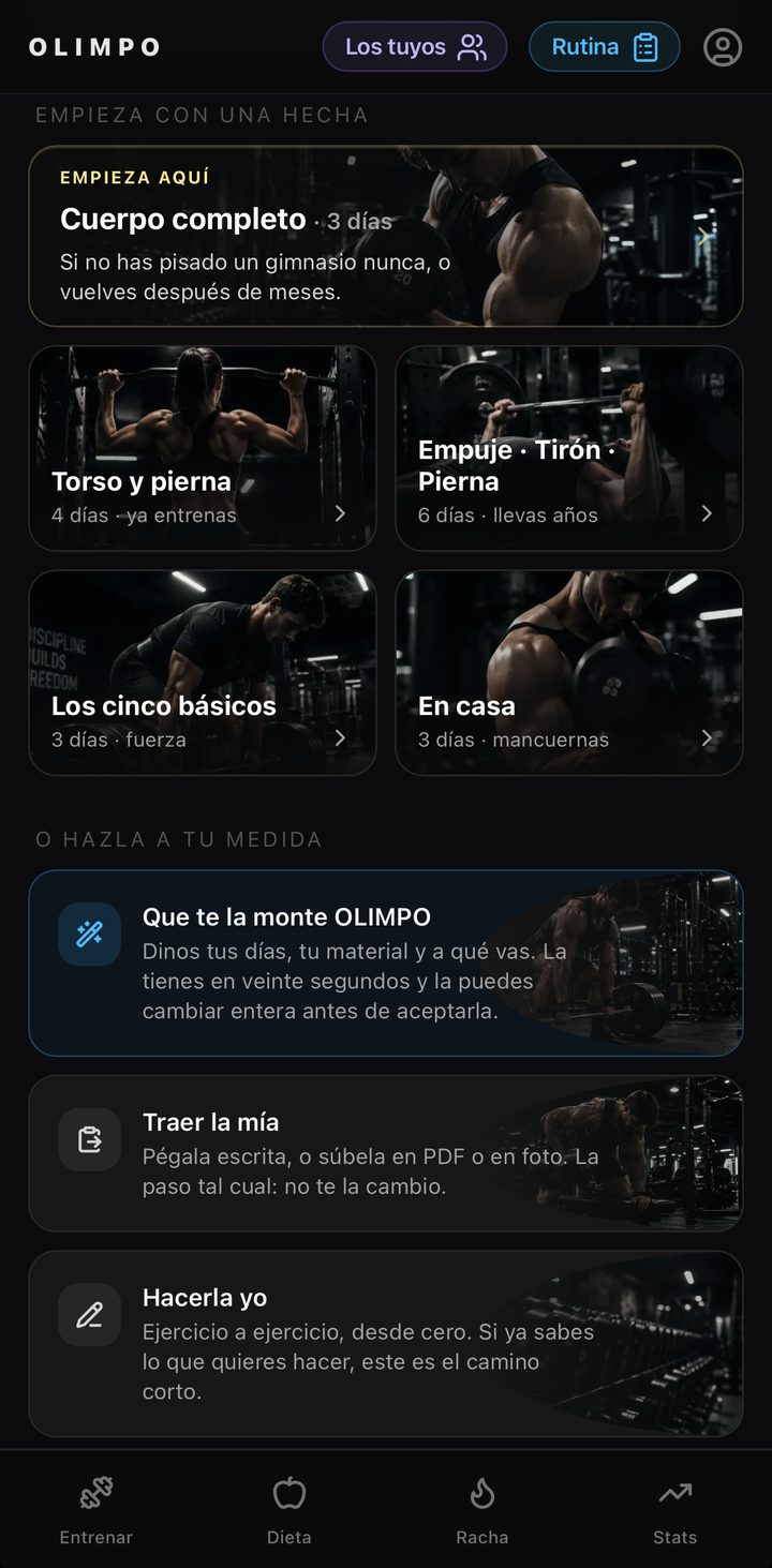 La pantalla de Rutina de OLIMPO: cinco rutinas hechas para empezar hoy, y debajo que te la monte OLIMPO, traer la tuya o hacerla tú